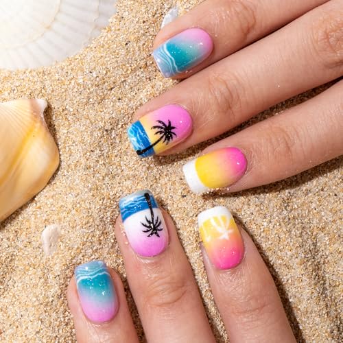 CurvLife Medium Square Tropical Press On Nails, Summer Sunset Pink | 32PCS 16 Sizes, Salon-Quality Natural Fake Nails, Curved Fit, 7-14 Day Glue-On Wear, Reusable Stick-On Nails, Press-On Kit - color: Hawaii1