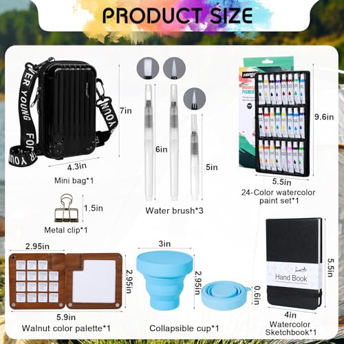 Mini Watercolor Paint Set, Portable Travel Watercolor Kit, Include Walnut Color Palette, 24-color Watercolor Paints, Refillable Brush & Sketchbook, Folding Water Cup, Water Colors Paint Set