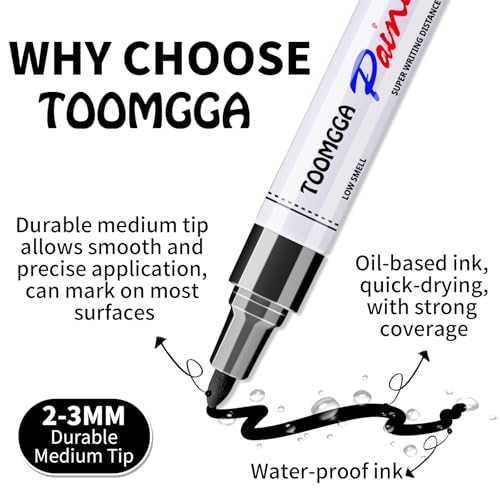 TOOMGGA 24 Black Paint Pens Permanent Paint Markers, Oil Based Medium Tip | Marking Pens, Quick Drying, Waterproof, Fade-resistant, for Rock Painting, Car Tyre, Metal, Plastic, Canvas, Wood, Glass - color: Black
