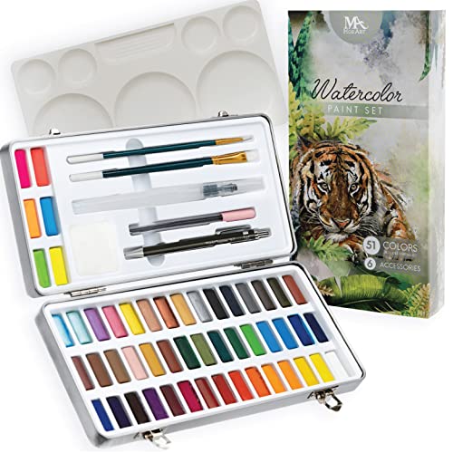 MozArt Supplies - Watercolor paint set 51 Vibrant Colors + accessories - For beginners & professionals | Complete Non-Toxic Watercolor Art Kit – 36 Classic, 9 Metallic, 9 Neon – Portable Metal Box & 7 Accessories for Artists - color: Watercolor 51 Set