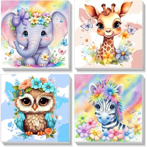 4 Pack Animal Paint by Number for Kids with Wooden Frame - Wooden Easel | Paint by Numbers for Kids Ages 4-8-12, Easy Elephant Owl Giraffe Zebra DIY Oil Painting Kits for Home Wall Decor (8X8 inch) - color: BKH43+BKH44+BKH46+BKH47