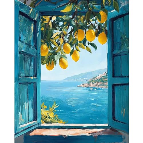 PHANTASYART Lemons Paint by Numbers Kit for Adults 16x20inch | Window View Adult Paint by Numbers, Coastal Landscape Canvas Paint by Numbers for Adults, DIY Acrylic Paint Kit for Adults - color: Lemons, size: 16x20inch