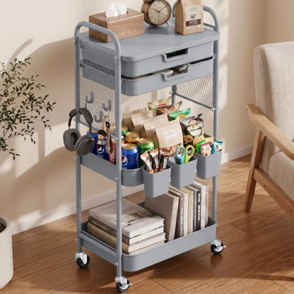 3 Tier Rolling Cart with 2 Drawers, Metal Utility Storage Carts with Wheels | Kitchen Rolling Cart 4.5" Deep Basket, Mesh Side Panel with 3 Cups, 4 Hooks for Office, Bedside, Craft Storage Cart - color: Dark Dray