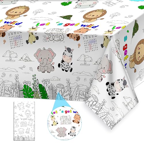Giant Jungle Animal Coloring Tablecloth for Kids - Huge Cute Animal Theme Table Cover Large Let's Get Wild Poster for Children Safari Zoo Birthday Party Supplies Decorations 54x108 Inch - color: Wild
