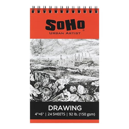 SoHo Urban Artist Softcover Drawing Pad - 4"x6", 12 Pack w/288 Sheets Total - 92 lbs/150gsm, Mixed Media, Dual-Sided, Acid-Free, Wire-Bound, Micro-Perforated, Repeated Erasing & Reworking - size: 4"x6"