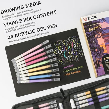 ZSCM 24 Colors 3D Acrylic Gel Pens & Black Paper Sketchbook for Drawing | 1mm Fine Point Acrylic Ink Pen, Opaque Archival Bright Ink Pens for Black Paper Drawing, Sketching, Illustration, Card Making - color: 24 Packs-Dull