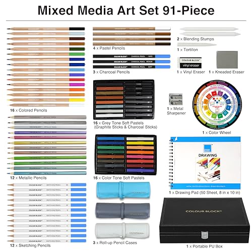 COLOUR BLOCK 91-Piece Sketching & Drawing Art Set with Colored, Metallic, Charcoal, Pastel Pencils, Soft Pastels, Charcoal & Graphite Sticks, Sketchbook, Tools — Travel-Friendly Case for Teens, Adults