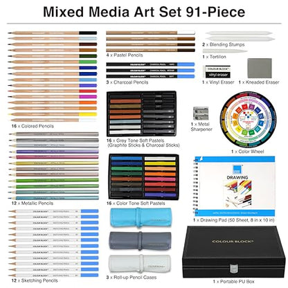 COLOUR BLOCK 91-Piece Sketching & Drawing Art Set with Colored, Metallic, Charcoal, Pastel Pencils, Soft Pastels, Charcoal & Graphite Sticks, Sketchbook, Tools — Travel-Friendly Case for Teens, Adults