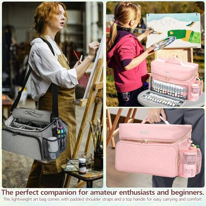 Acrylic Paint and Brush Set Organizer Bag - Carrying Case Compatible with Apple Barrel, Shuttle Art, Caliart Art Supplies - Includes Detachable Paint Brush Holder - for Home/Travel/Outdoor (Pro Pink) - color: Pro Pink