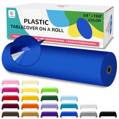 54IN X 160FT Plastic Table Cover Roll with Cutter Box, Cut to Size Plastic Table Cloths for Parties, Birthday, (Blue, 54"x1920") - color: Blue, size: 1920" x 54" (Rectangular)