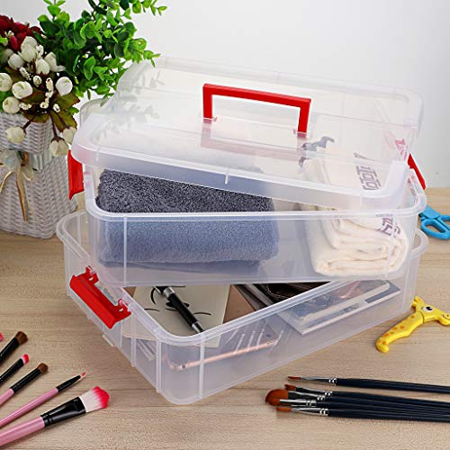 JUXYES 2-Tiers Plastic Stack Carry Storage Containers Box wih Handle Lids - color: Red
