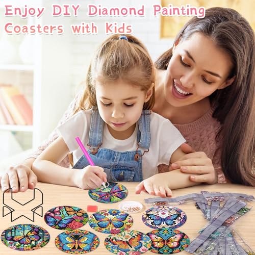 Mrnsiet 8 Pcs Butterfly Diamond Painting Coasters Kits with Holder, DIY Butterfly Diamond Art Coaster Non Slip Coaster for Tabletop Protection 4x4 Inch - color: BD8P2404