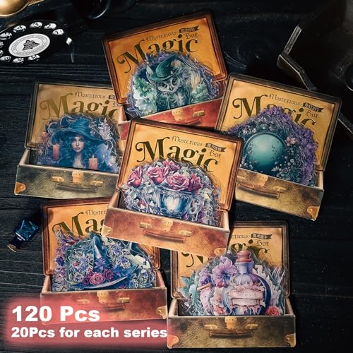 120Pcs Gothic Fantasy PET Stickers with Organizer – 60 Unique Designs Waterproof Vintage Stickers for Scrapbooking, Journals, and DIY Crafts - color: Magic Box Stickers