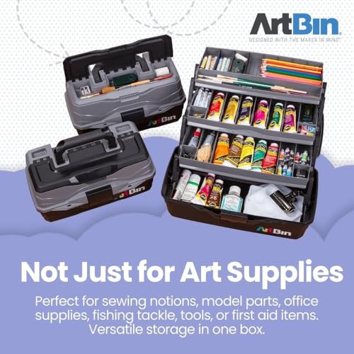 ArtBin 3-Tray Art Supply Box Versatile Organizer for Brushes, Paints, Stamps, and More - Durable Hard Plastic, Secure Closure, Portable with Top Trays and Dividers - style: Three Tray