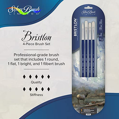 Silver Brush Limited Bristlon Versatile Variety Oil Paintbrush Set, 4pc | Round, Flat, Bright, and Filbert in Size 6, Long Handle, Stiff Fine Point Synthetic Bristle, Lightly Textured Strokes - color: Blue, size: 4 count