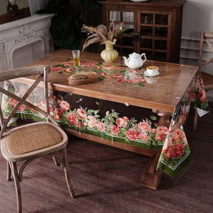 Clear Table Protector Cover Vinyl Rose PVC Tablecloth, 60"x120" | Dining Room, Kitchen Meals, Tabletop Protection, Easy Cleanup, Brunch, Parties, Holiday Gatherings, Everyday Use - color: Rose, size: 60" x 120" (Rectangular)