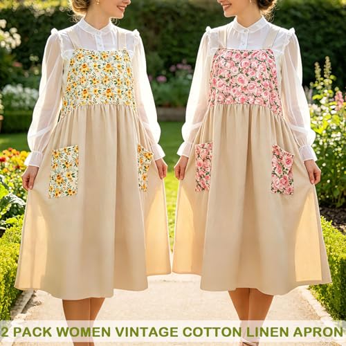 Uaussi Cotton Linen Apron Cross Back Work Apron for Women with Pockets Pinafore Dress X Cross Halter Apron for Chef Gardening - color: 2 Pack-flora Beige