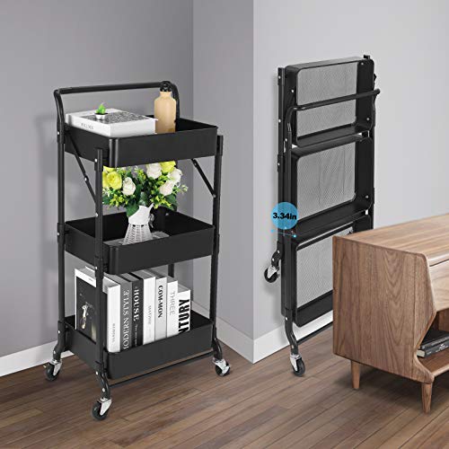 Foldable 3 Tier Metal Utility Rolling Cart, Folding Mobile Multi-Function Storage Trolley Organizer Cart for Home Library Office(Black) | Collapsible Rolling Storage Cart with 3 Hanging Cups, Folding Storage Trolley Organizer Cart for Home Office Kitchen(