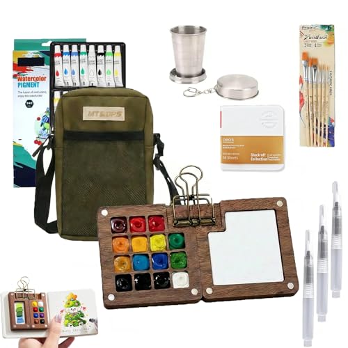 Mini Watercolor Paint Set,Portable mini Travel Watercolor 7pc kit, | Watercolor Set With Paint,Watercolor Kit Bag, Brush,Sketchbook,Collapsible Kettle, Ideal for Beginners,Painting Enthusiasts