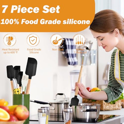 7 Piece Silicone Spatula Set, Food Grade Rubber Spatula Set with Wooden Handle, Heat Resistant Up to 600°F, Silicone Utensils Set for Baking, Cooking & Mixing, Jar, Non-Stick Kitchen Utensils(Black) - color: Black