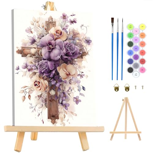 MAXBYE Framed Paint by Numbers Kits for Adults, Cross Flowers Paint by Numbers Kit for Adults with Wooden Easel, Easy DIY Oil Painitings Kits with Tools for Beginners Gift Home Wall Decor 10×14 Inch - color: ZL072