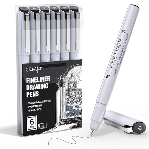 JusArt Fineliner Pens, 6 Pcs, 0.25mm Ultra Fine Point Pens 01 No Bleed | Waterproof Black Pigment Ink Pens for Artists, Beginners, Illustration, Writing, Journaling, Crafters, Technical Drawing Pens