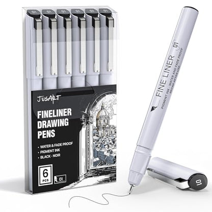JusArt Fineliner Pens, 6 Pcs, 0.25mm Ultra Fine Point Pens 01 No Bleed | Waterproof Black Pigment Ink Pens for Artists, Beginners, Illustration, Writing, Journaling, Crafters, Technical Drawing Pens
