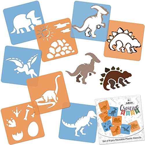 NAKLEO Painting Stencils for Kids, 8 Pcs Set 6x6” Dinosaurs, Children Creative Drawing Templates Plastic and Reusable, DIY Decoration Arts and Crafts, Paper Wall Wood Fabric - color: DINOSAURS