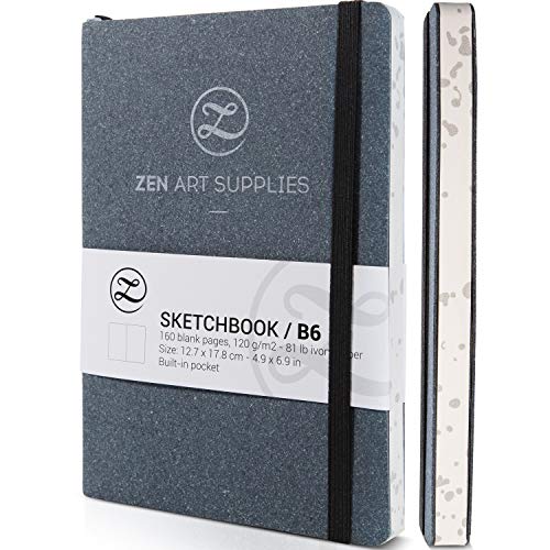 ZenART B6 (5x7) Travel Artist Small Sketchbook/Drawing Book - 120GSM 160P | ZenART Artist Grade Lay Flat Binding, Inner Pocket, Elastic Strap, Acid-Free Ivory Sheets for Dry & Light Wet Media Sketching - color: B6 Gray Leather 120gsm, size: B6 (5" x 7")