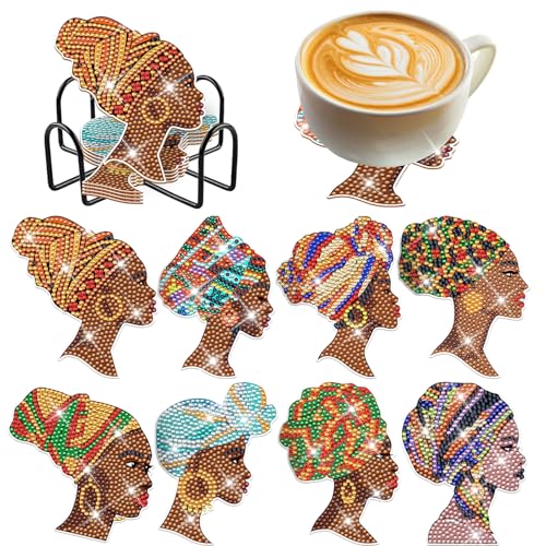 African American Diamond Painting Coasters - 8 PCS Diamond Art Coasters Kits for Drinks Coffee DIY Art Craft Supplies Birthday Holiday for Adult Beginners Black Women Lady - color: African American