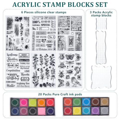 29 Pcs Acrylic Stamps for Crafting Card Making Supplies Set | 3 Acrylic Clear Stamp Blocks, 6 Clear Silicone Stamps Seals, 20 Craft Ink Pads Stamp for DIY Scrapbooking Journal - style: 29Pcs Journal Clear Stamps