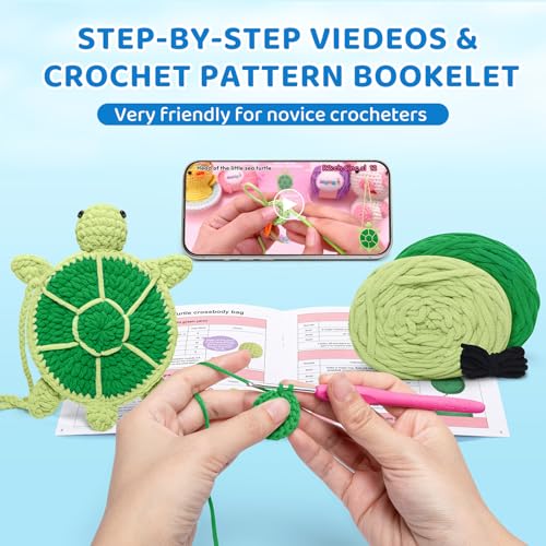 Mewaii Turtle Crossbody Bag Crochet Kit for Beginners, 40% Extra Yarn - color: Dark Green