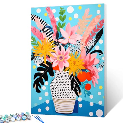 Flowers in a Floral Vase DIY Paint by Numbers for Adults Seaside Vacation Lady DIY Oil Painting Acrylic Paint Art Painting Kit Canvas with Acrylic Paints Mixed Media Art 16x20 Inch（DIY Frame ） - color: Floral Vase 05, size: 16''x20''(DIY Frame)