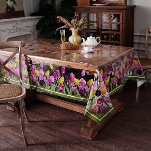 Clear Table Protector Cover Vinyl Tulip PVC Tablecloth, 52“x70” | Dining Room, Kitchen Meals, Tabletop Protection, Easy Cleanup, Brunch, Parties, Holiday Gatherings, Everyday Use - color: Tulip, size: 52" x 70" (Rectangular)