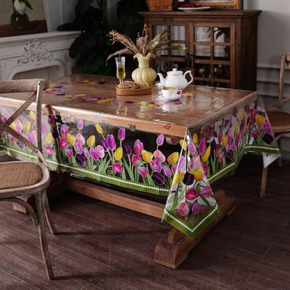 Clear Table Protector Cover Vinyl Tulip PVC Tablecloth, 52“x70” | Dining Room, Kitchen Meals, Tabletop Protection, Easy Cleanup, Brunch, Parties, Holiday Gatherings, Everyday Use - color: Tulip, size: 52" x 70" (Rectangular)
