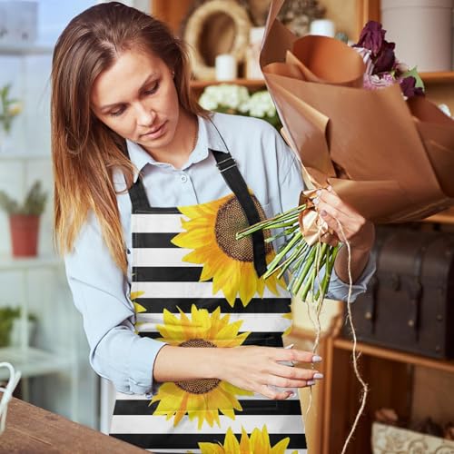 Apron with Pockets, 32x28 inch, for Women Men, Black White Flower | Sunflowers Striped Waterproof Adjustable Bib Aprons for Kitchen Cooking Baking Painting Gardening - color: Sunflower