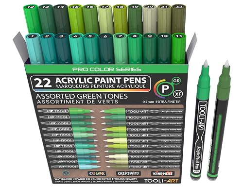 Acrylic Paint Pens 22 Green Tones Assorted Pro Color Series Markers Set 0.7mm Extra Fine Tip for Rock Painting, Glass, Mugs, Wood, Metal, Canvas, Projects, Non Toxic, Waterbased, Quick Drying - color: GREEN XF