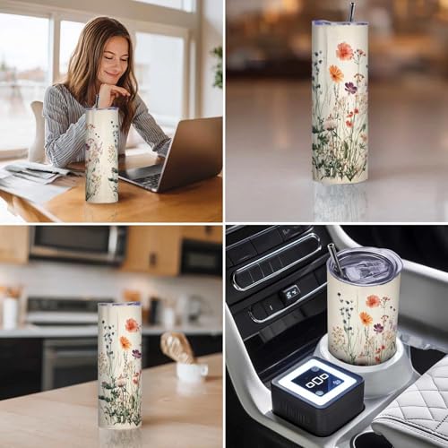 Firmiso 20 oz Tumbler | Skinny Insulated Travel Mug with Leak-proof Lid and Telescopic Straw | Wildflower Floral Stainless Steel Coffee Cup for Hot & Cold Drinks | Christmas Gifts for Women - color: Wildflower