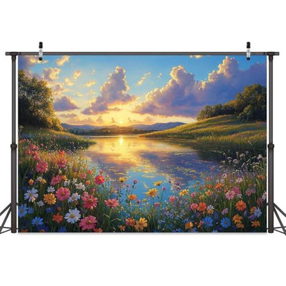 5X3ft Lake Natural Scenery Backdrop Spring Natural Scenery Flowers Landscape Mountain Forest Trees Blue Sky Sunset Photography Background Picnic Camping Hiking Spring Travel Vacation Backdrop - color: Red, size: 5x3FT