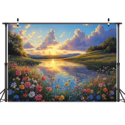 7x5ft Lake Natural Scenery Backdrop Spring Natural Scenery Flowers Landscape Mountain Forest Trees Blue Sky Sunset Photography Background Picnic Camping Hiking Spring Travel Vacation Backdrop - color: Red, size: 7x5FT