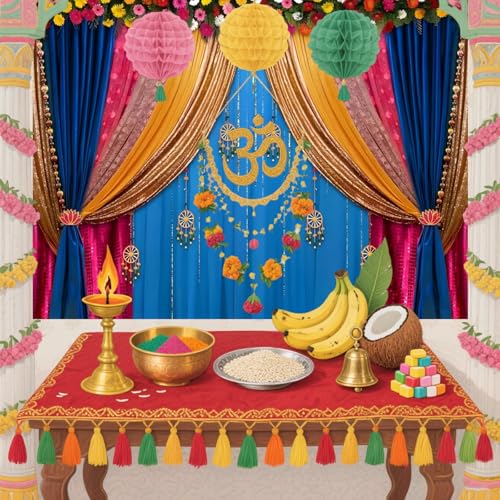Yeele 5x3ft India Pooja Backdrop Diwali Marigold Blue Curtain Background for Photography Indian Ganpati Puja Traditional Wedding Festival Party Decoration Photo Booth Props - size: 5x3ft