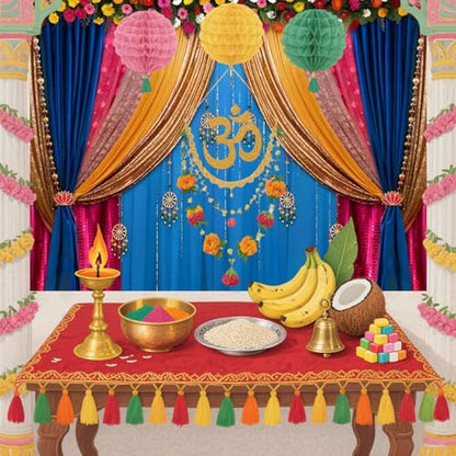 Yeele 5x3ft India Pooja Backdrop Diwali Marigold Blue Curtain Background for Photography Indian Ganpati Puja Traditional Wedding Festival Party Decoration Photo Booth Props - size: 5x3ft