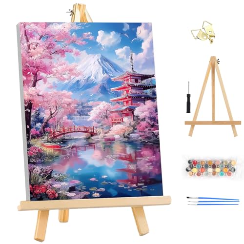EOBROMD Framed Paint by Numbers Kits for Adults - Wooden Easel, Japanese scenery DIY Painting Kits for Adults Beginner, Painting on Stretched Canvas Oil Paint by Numbers for Home Decor Gift 10x14 Inch - color: LG024