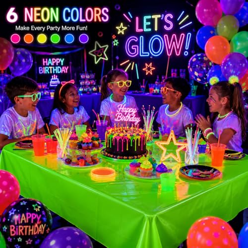 6 Pack Neon Table Cloths, Pink Orange Yellow Green Blue Purple Glow in The Dark Plastic Tablecloth, Disposable Rainbow Table Cover for Glow in Dark Neon Party Supplies Decorations (6)