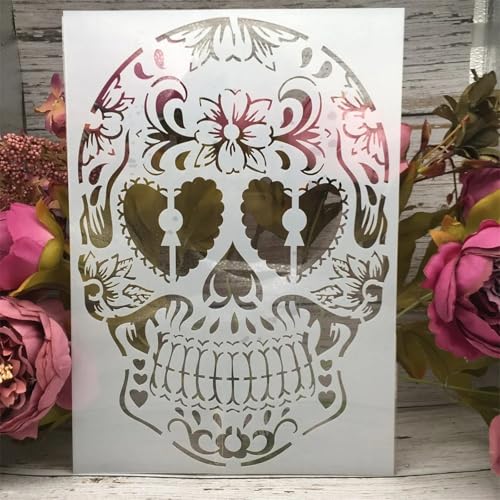 TIAMECH A4 Reusable Mandala Smile Skull Stencil for Painting - style: Smile Heart Eyes Skull