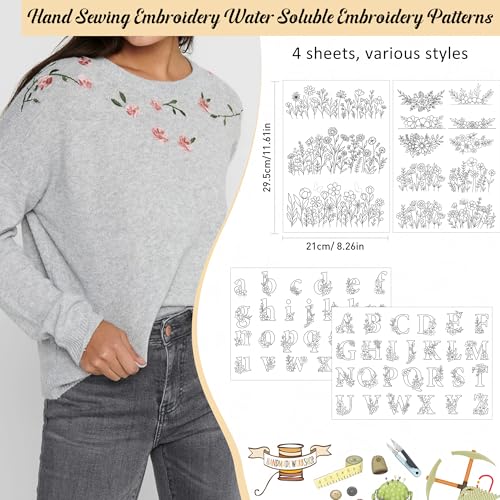 Water Soluble Stabilizer Embroidery Pattern - Flower Letter Stick & Stitch Embroidery Paper Wash Away, Wildflower Hand Sewing Patterns for T-Shirt Bag Towel (4 Sheets) - style: Letter975
