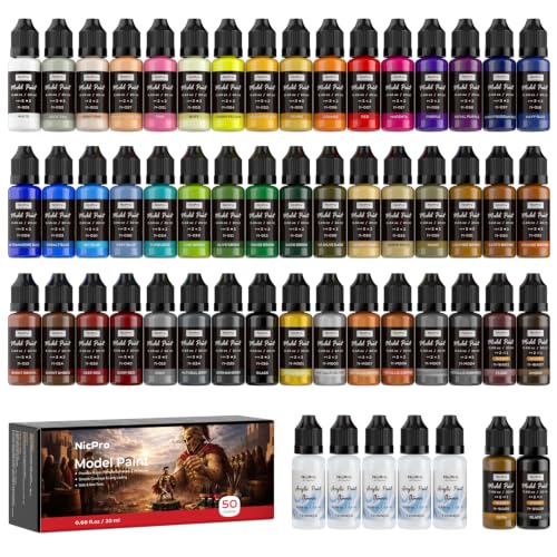 Nicpro 50 Colors Model Paint Set, 20ml Ready to Use Modeling Acrylic Paints | Brush & Airbrush Compatible, Miniature Paint Set for Beginner & Professional on Model, Scale Figure, Crafts, with 5 Thinner - style: 50 Colors Set