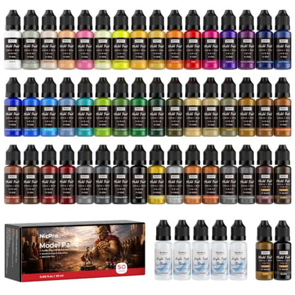 Nicpro 50 Colors Model Paint Set, 20ml Ready to Use Modeling Acrylic Paints | Brush & Airbrush Compatible, Miniature Paint Set for Beginner & Professional on Model, Scale Figure, Crafts, with 5 Thinner - style: 50 Colors Set