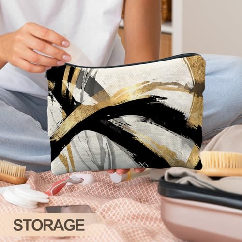 Abstract Black and Gold Makeup Bag, Boho Black White and Gold Cosmetic Bags for Women, Boho Gifts for Women, Mid Century Modern Zipper Makeup Pouch - color: Black gold