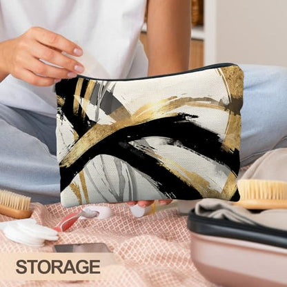 Abstract Black and Gold Makeup Bag, Boho Black White and Gold Cosmetic Bags for Women, Boho Gifts for Women, Mid Century Modern Zipper Makeup Pouch - color: Black gold